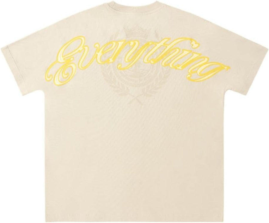 Men’s Graphic T-Shirt Oversized Streetwear Tee with Pink Script Print & Crest Logo, Soft Cotton Casual Top - Khaki
