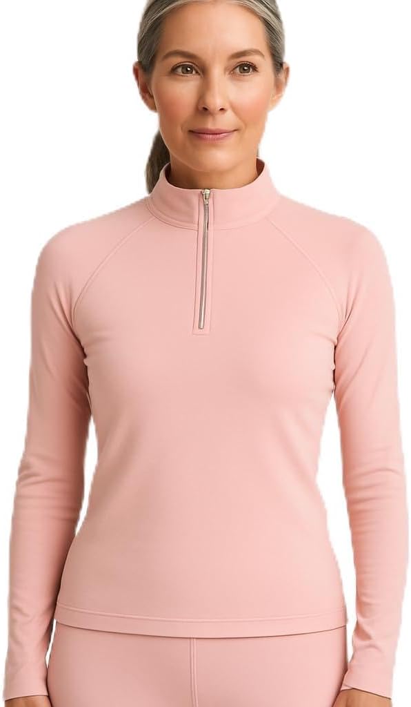 Lands' End Women’s Thermaskin Baselayer 1/4 Zip Top – Long Sleeve Lightweight Heat-Generating Thermal Shirt, Soft Mineral
