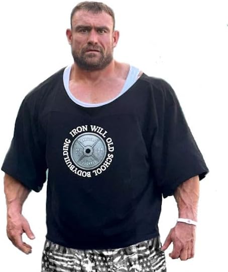 Men's Black T-Shirt, Oversize Bodybuilding and Fitness Workout Rag Top, Cotton Active Wear Shirt with Iron Will Graphic -