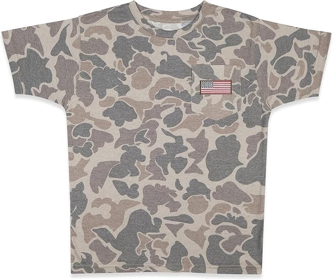 Men's Patriotic Camo T-Shirt for Men, Hunting Apparel with USA Flag Embroidery in Chest Pocket, Great Camouflage - Faded Apx