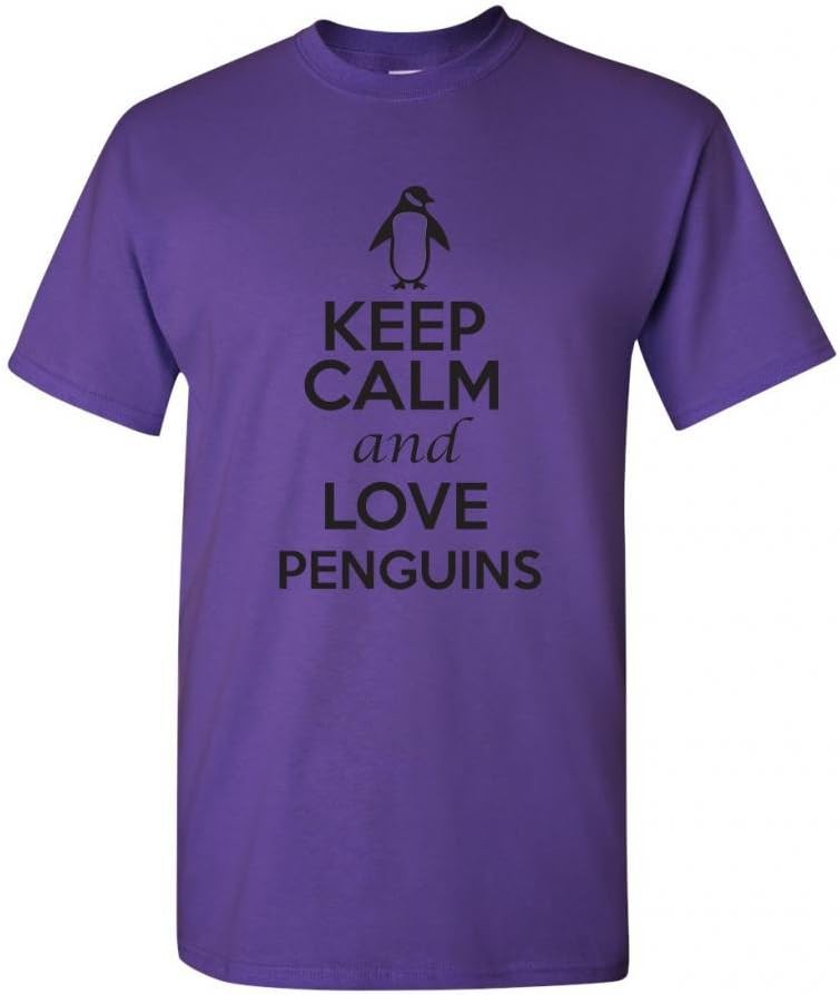 Keep Calm and Love Penguins Birds Novelty Statement Unisex Adult T-Shirt Tee - Purple W\/Black