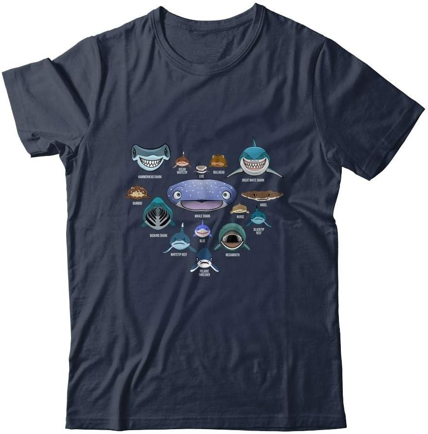 TeesPure Types of Shark Faces Shark Heart Lover Gift Shirt Short Sleeve Tee - Navy