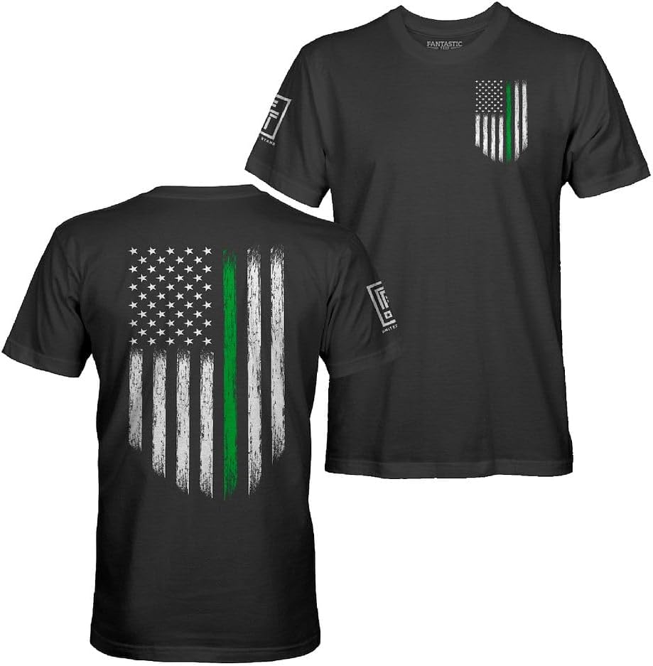 Fantastic Tees American Patriotic USA Flag Men's T-Shirt - Green Line - Black Shirt