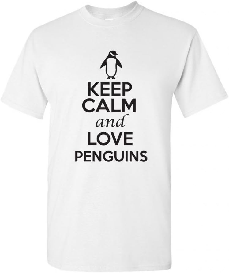 Keep Calm and Love Penguins Birds Novelty Statement Unisex Adult T-Shirt Tee - White W\/Black