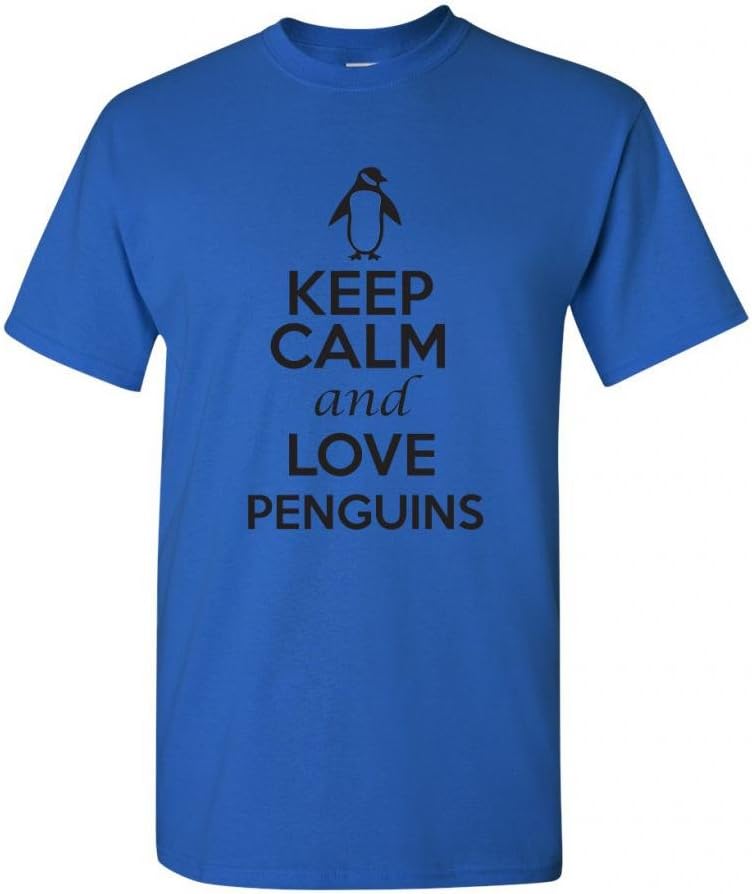 Keep Calm and Love Penguins Birds Novelty Statement Unisex Adult T-Shirt Tee - Royal Blue W\/Black