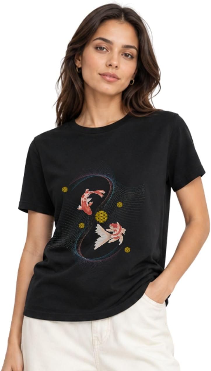 Koi Fish T-Shirt with Geometric Art | Minimalist Graphic Design | Cotton Fashion Shirt - Black