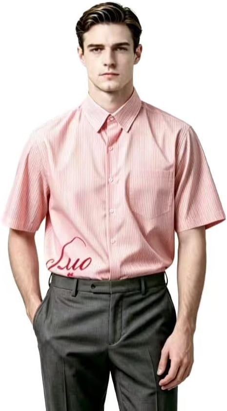 Men's Business Office T-Shirt Solid Color Striped Short Sleeved Top M-3XL - Pink