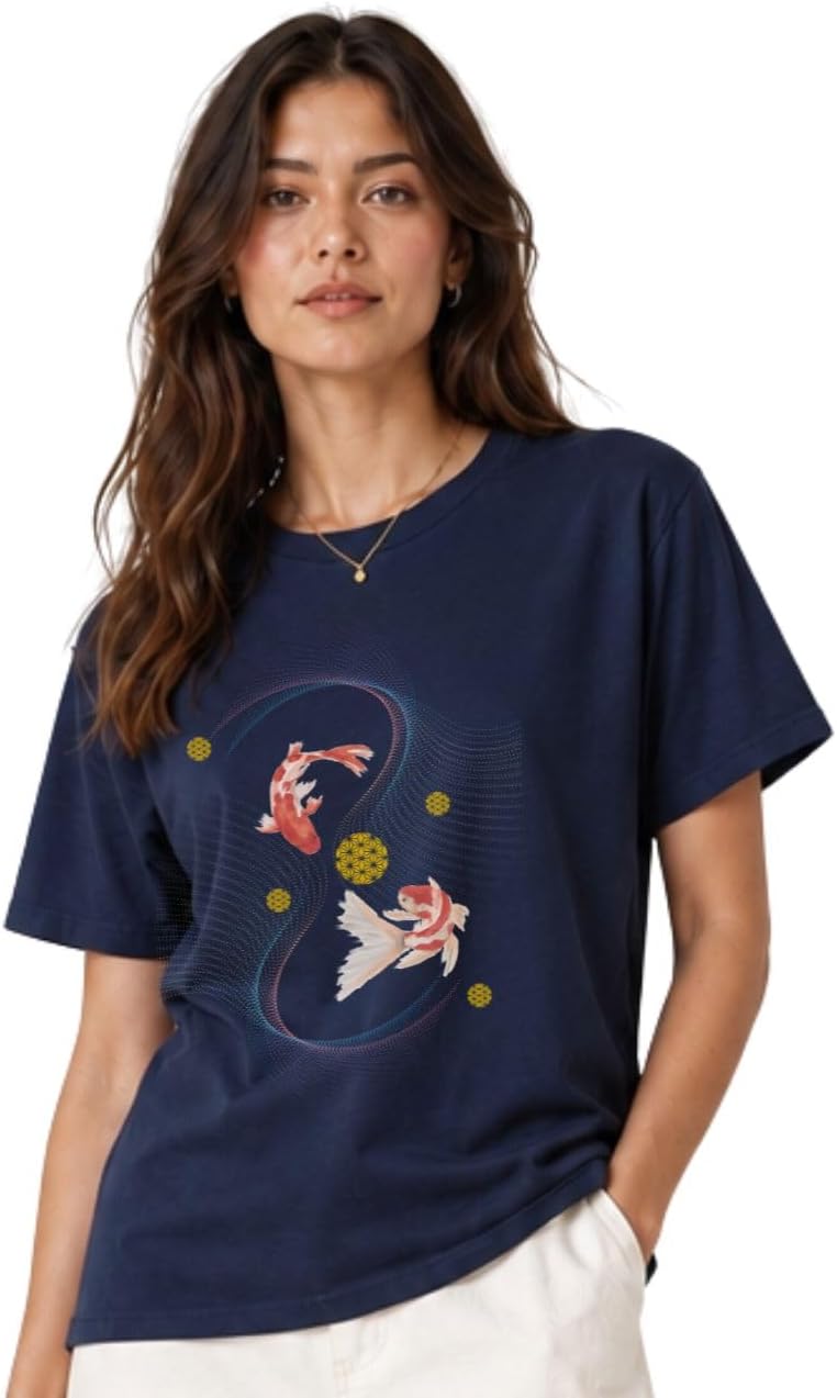 Koi Fish T-Shirt with Geometric Art | Minimalist Graphic Design | Cotton Fashion Shirt - Navy