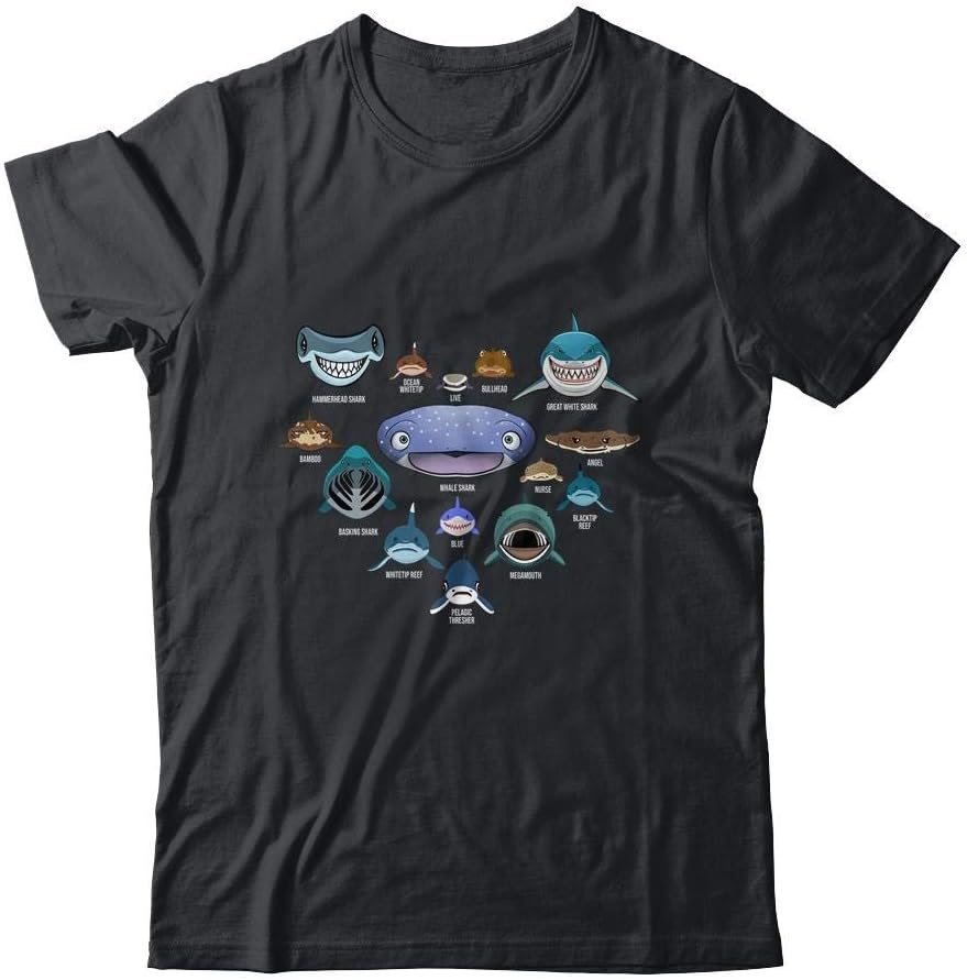 TeesPure Types of Shark Faces Shark Heart Lover Gift Shirt Short Sleeve Tee - Black