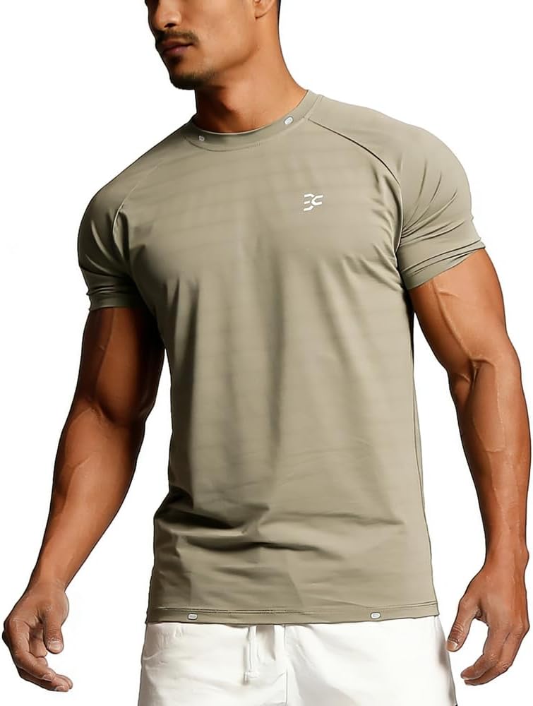 Men Slim Fit Quick Dry Athletic Gym T-Shirt, Moisture Wicking Top - Khaki