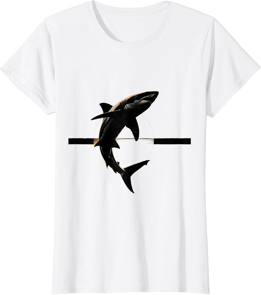 Women's Shark Breaching Ocean Surface Sunset Graphic T-Shirt - White