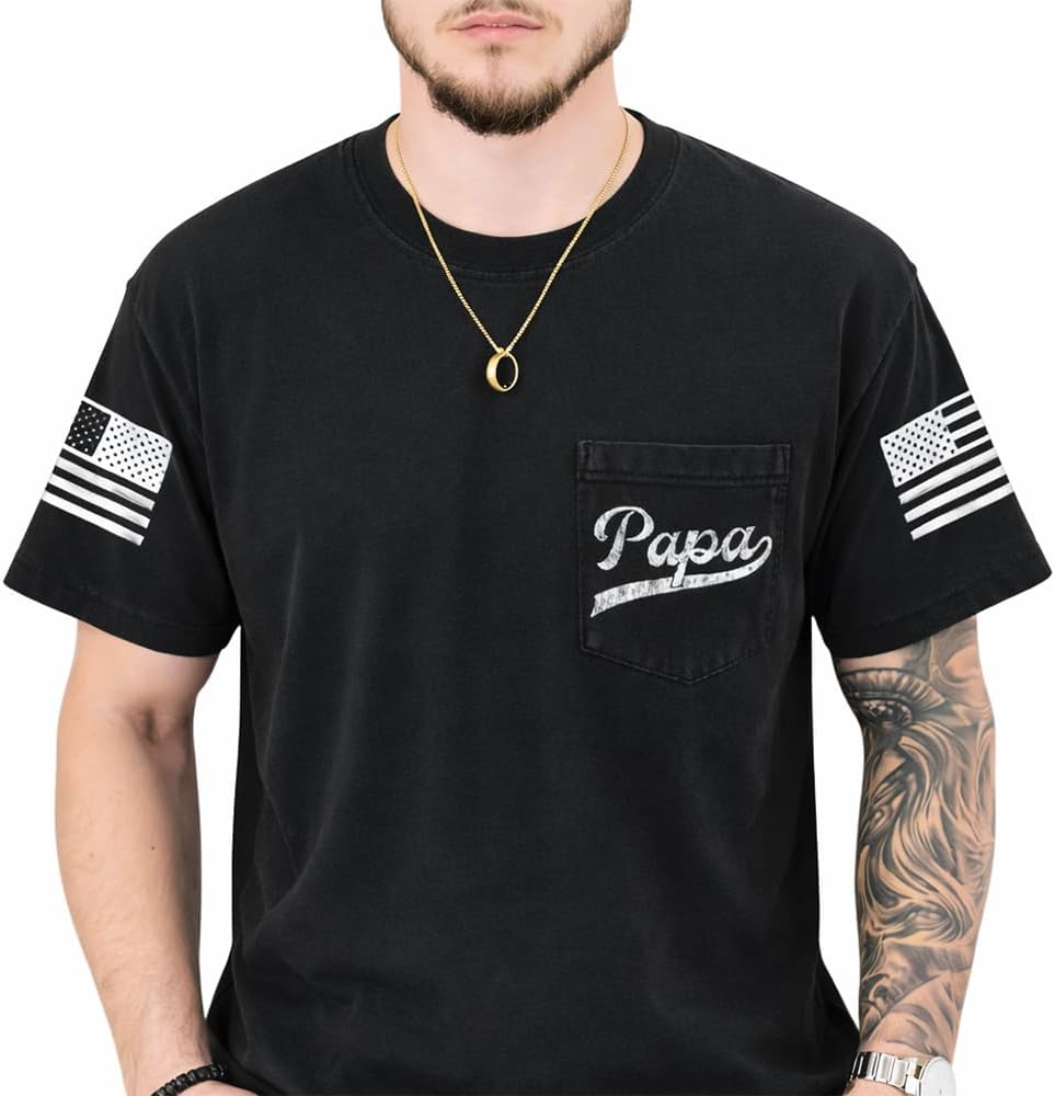 Papa Shirt, Papa Pocket T-Shirt, Papa Flag Shirt, Gift for Papa, Dad, Birthday, Father's Day, Christmas - Papa-black