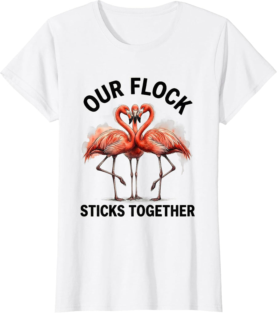 Women's Our Flock Sticks Together Watercolor Flamingo Family T-Shirt - White