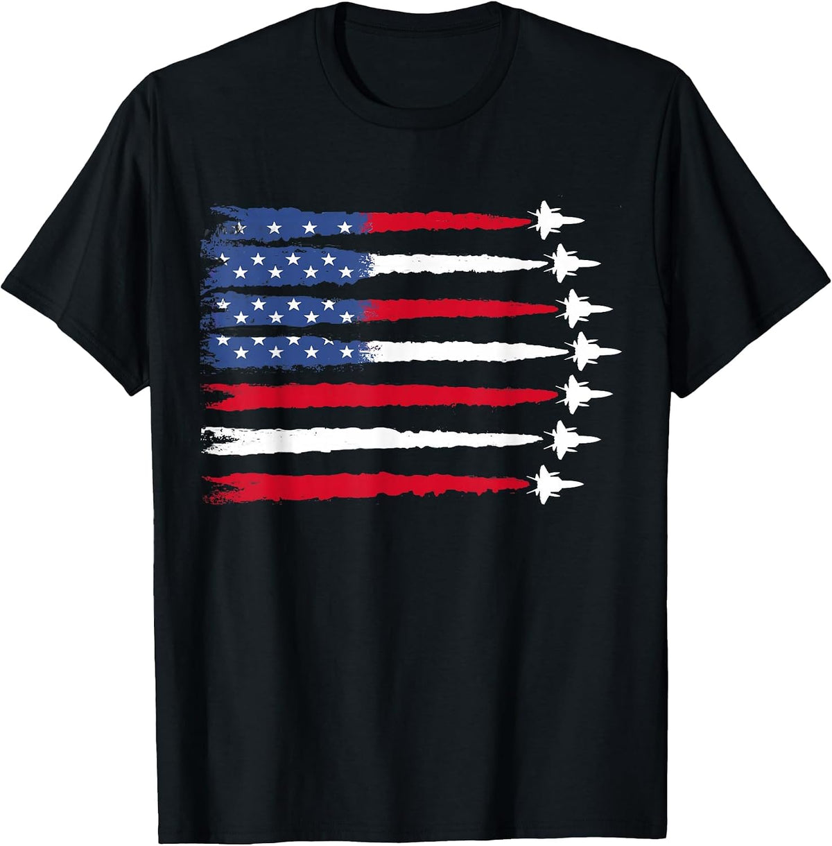 Patriotic Red White Blue USA Flag Fighter Jets 4th of July T-Shirt - Black