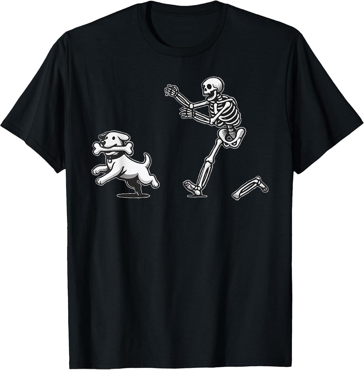 Skeleton Dog Halloween Skeleton Chasing Dog T-Shirt - Black