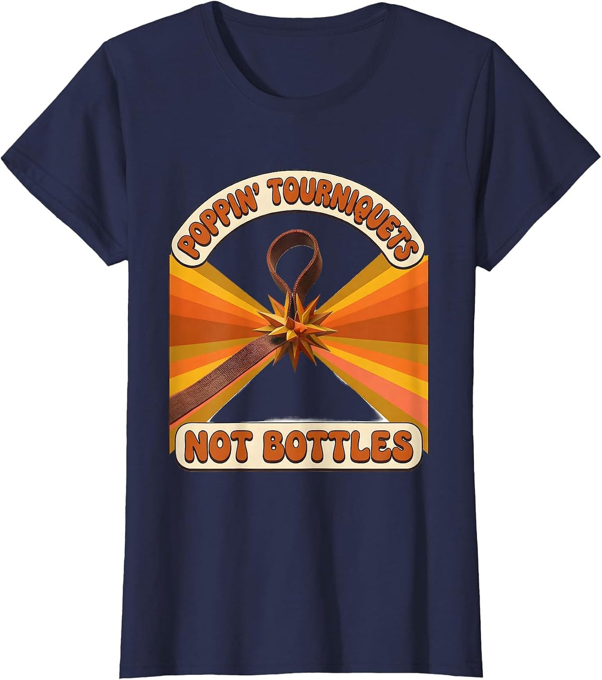 Women's Poppin' Tourniquets, Not Bottles Retro Nurse Crew New Year T-Shirt - Navy Blue