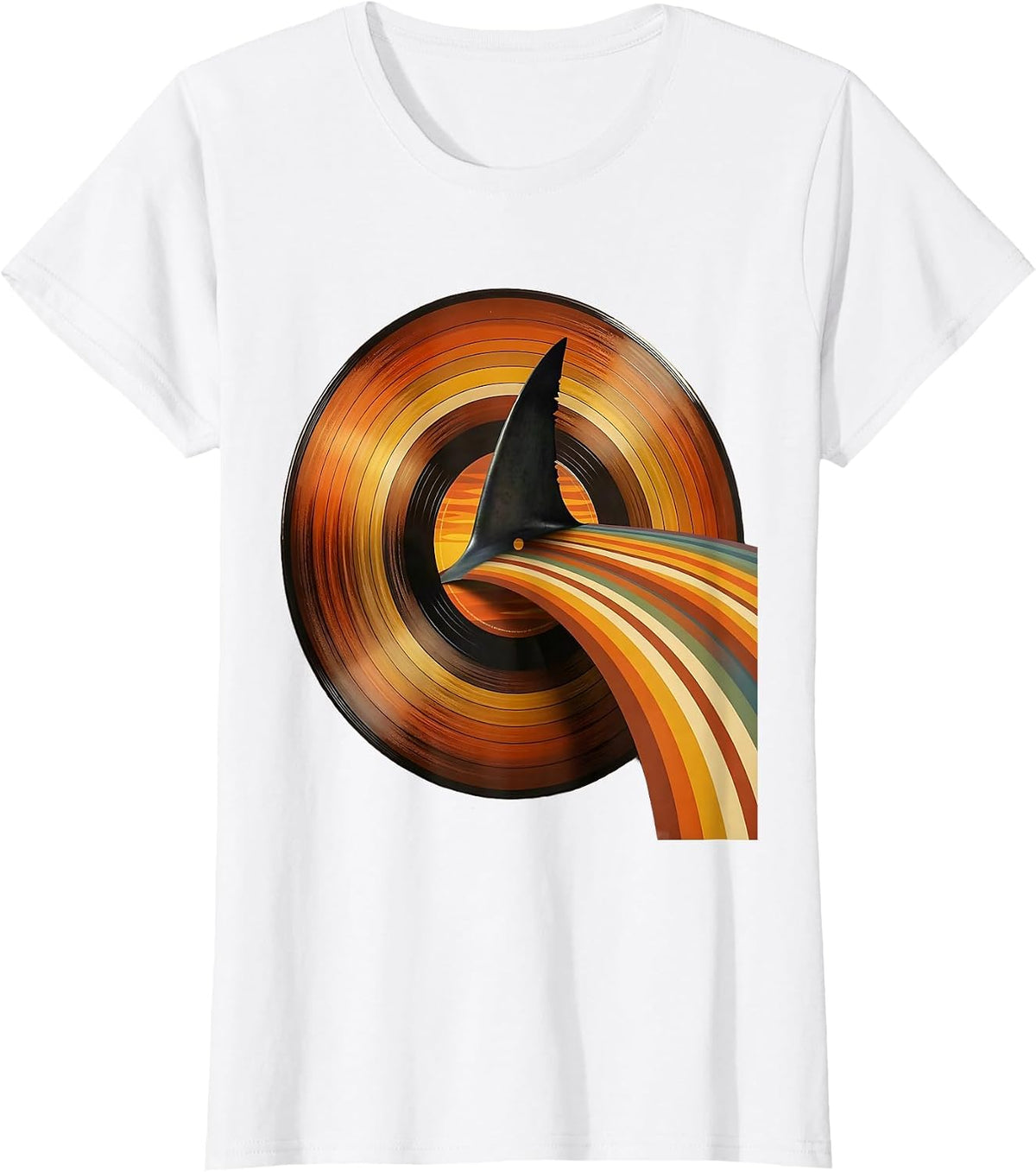 Women's Retro Shark Fin Vinyl Record Graphic Tee T-Shirt - White