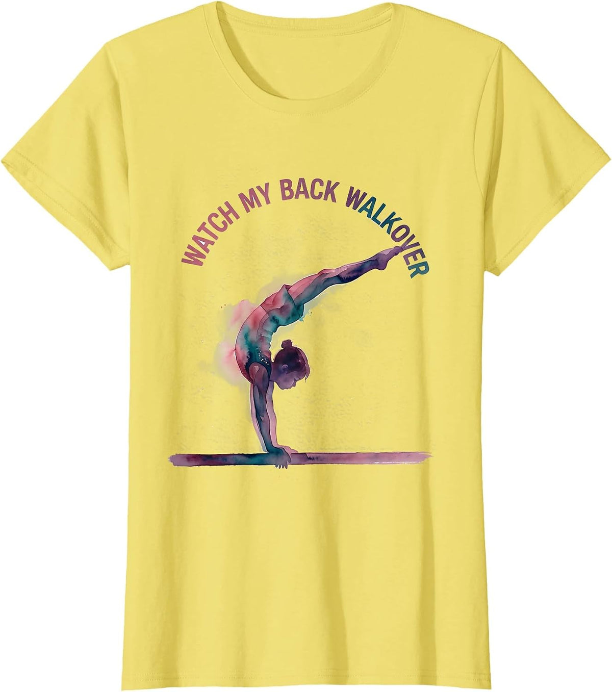 Women's Watch My Back Walkover Watercolor Gymnastics Silhouette T-Shirt - Lemon Yellow