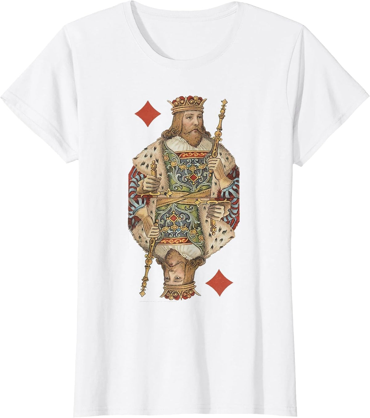 King of Diamonds Antique Art Nouveau Playing Card Art T-Shirt, Women, White, Large - As Pictured