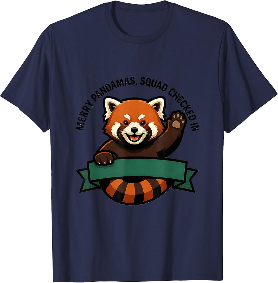 Merry Pandamas Squad Checked In Cute Red Panda Mascot Logo T-Shirt - Navy Blue