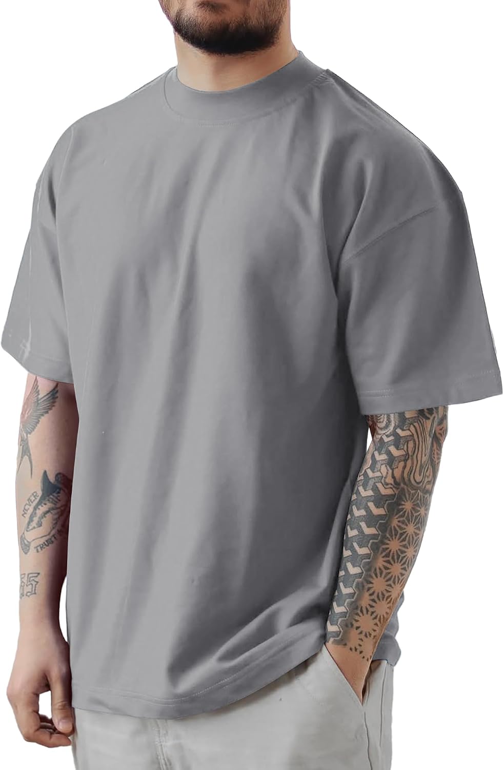 Mens Oversize Tshirts Heavyweight Workout Short Sleeve Casual Shirt - Grey