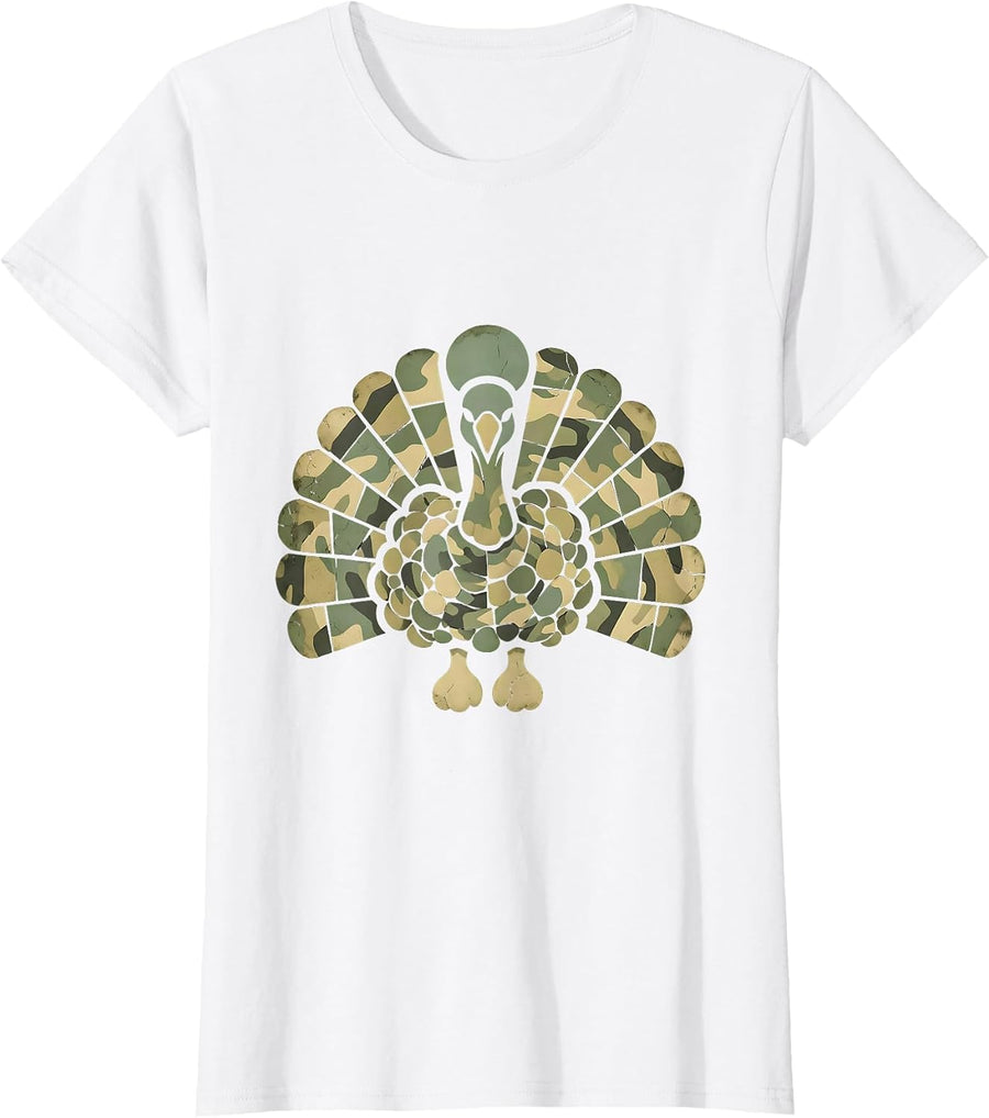 Camo Turkey Feather Fan Hunting Design T-Shirt, Women, White, XX-Large - As Pictured