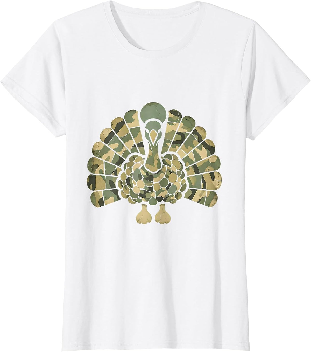 Camo Turkey Feather Fan Hunting Design T-Shirt, Women, White, Medium - As Pictured