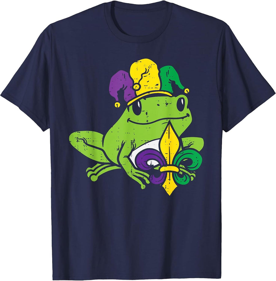 Jester Frog Mardi Gras Funny Men Women Kids T-Shirt - Navy Blue