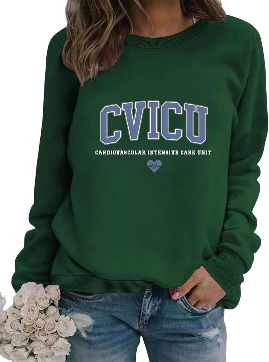 Womens CVICU Nurse Sweatshirt Cardiac ICU Crewneck Long Sleeve Shirt Nursing School Student Graduation Pullovers - Dark Green