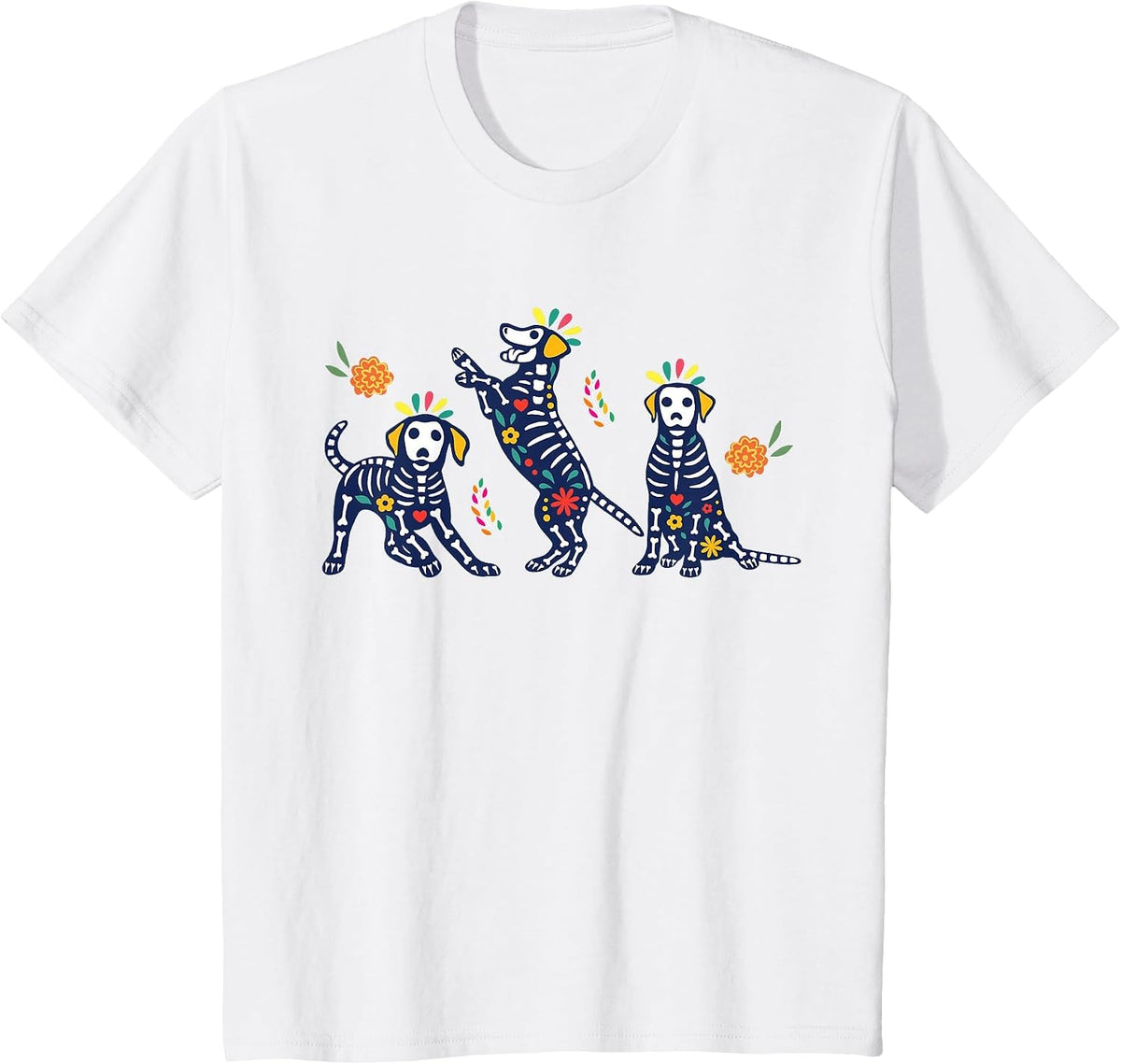 Day of the Dead Colorful Skeleton Dogs Mexican Halloween T-Shirt - White