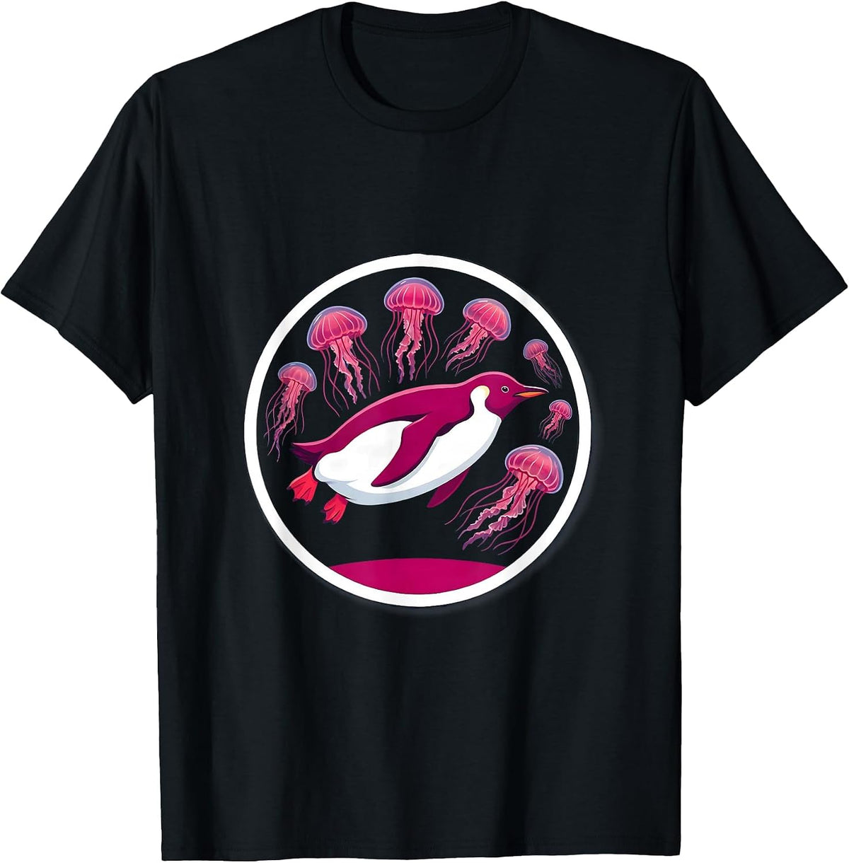 Men's Penguin Deep Sea Diving Glowing Jellyfish Art T-Shirt - Black