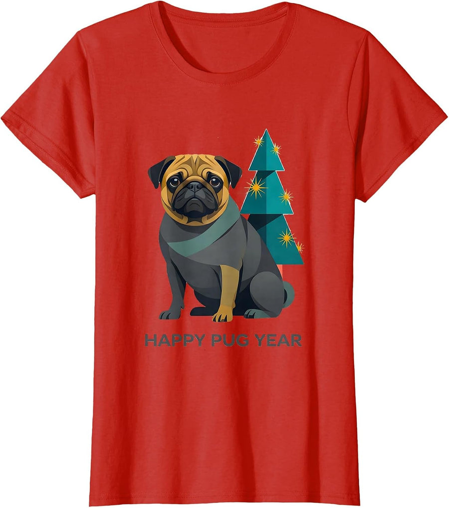 Women's Happy Pug Year Midcentury Modern Pug Christmas Holiday T-Shirt - Red