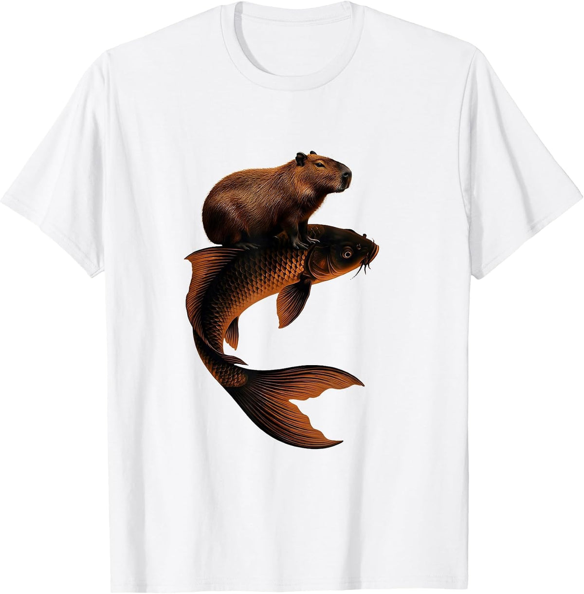 Men's Capybara Riding Giant Koi Fish Graphic T-Shirt - White