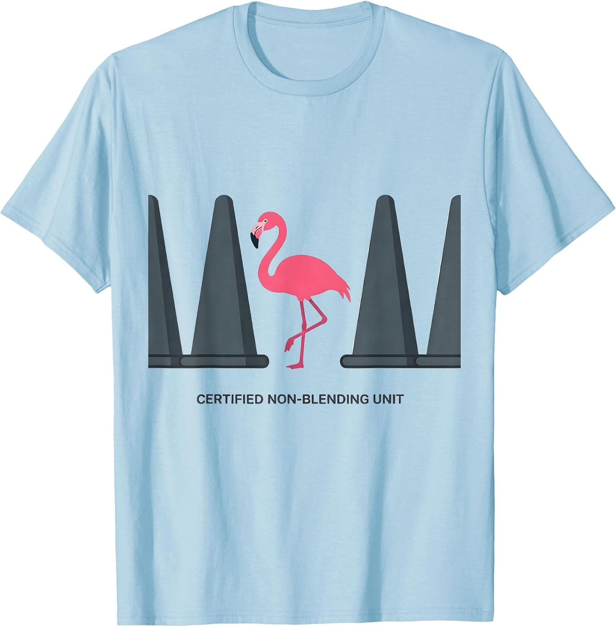 Men's Certified Non-Blending Unit Pink Flamingo Novelty Humor T-Shirt - Baby Blue