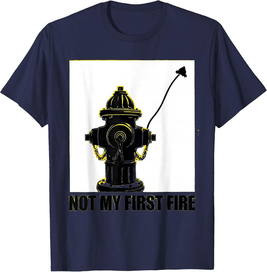 Not My First Fire Funny Firefighter Pride Stencil Graphic T-Shirt - Navy Blue