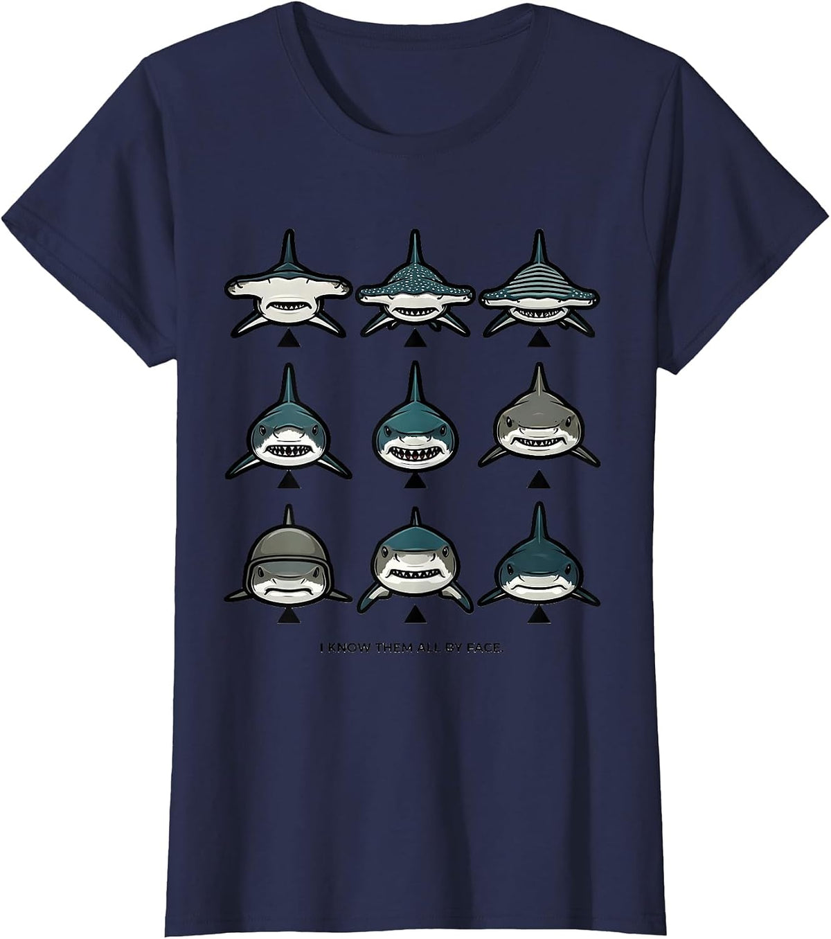 Women's I Know Them All By Face Flat Shark Species Ocean Wildlife T-Shirt - Navy Blue