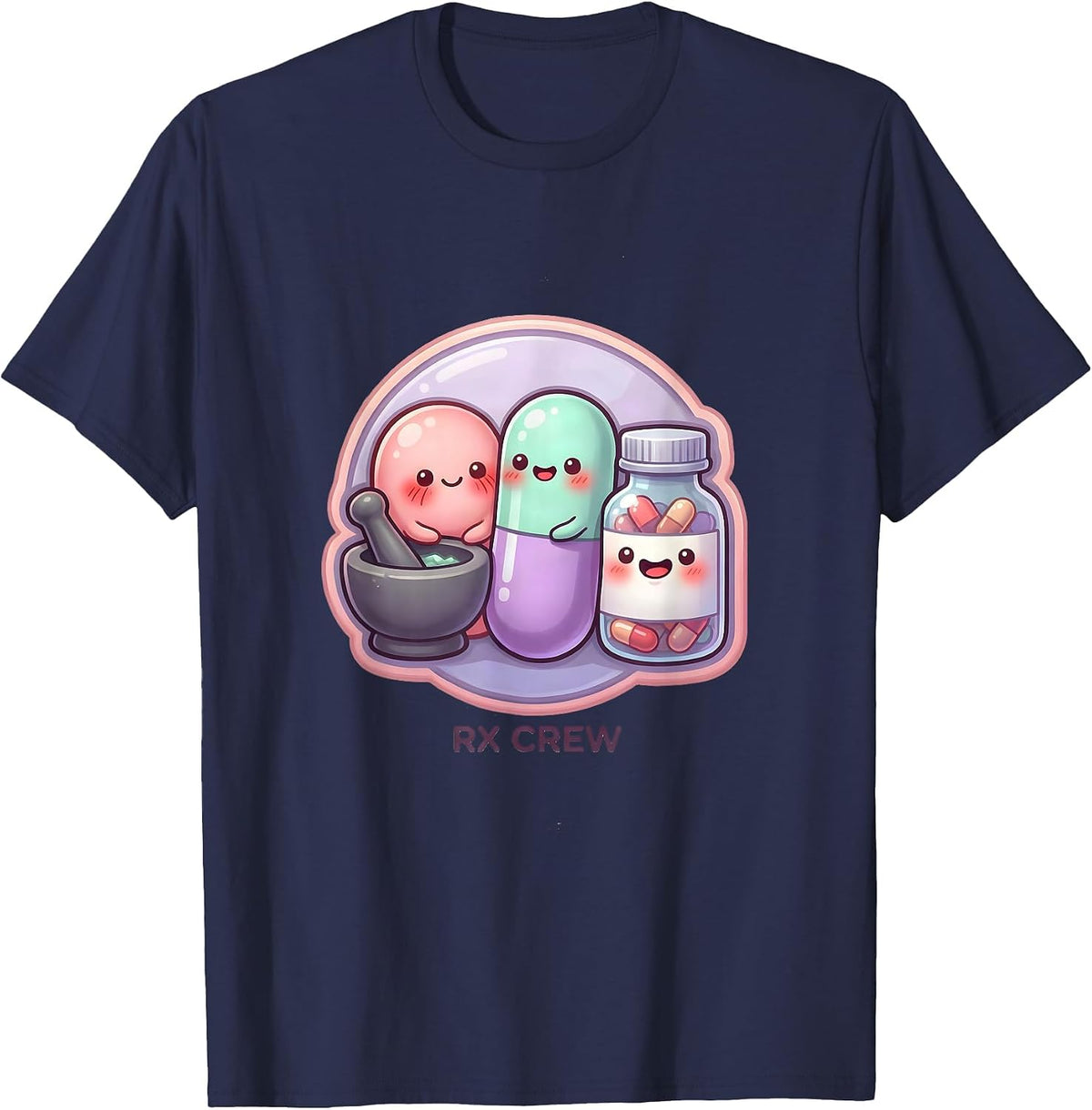 Men's Rx Crew Cute Kawaii Pharmacy Tech Pharmacist Squad T-Shirt - Navy Blue