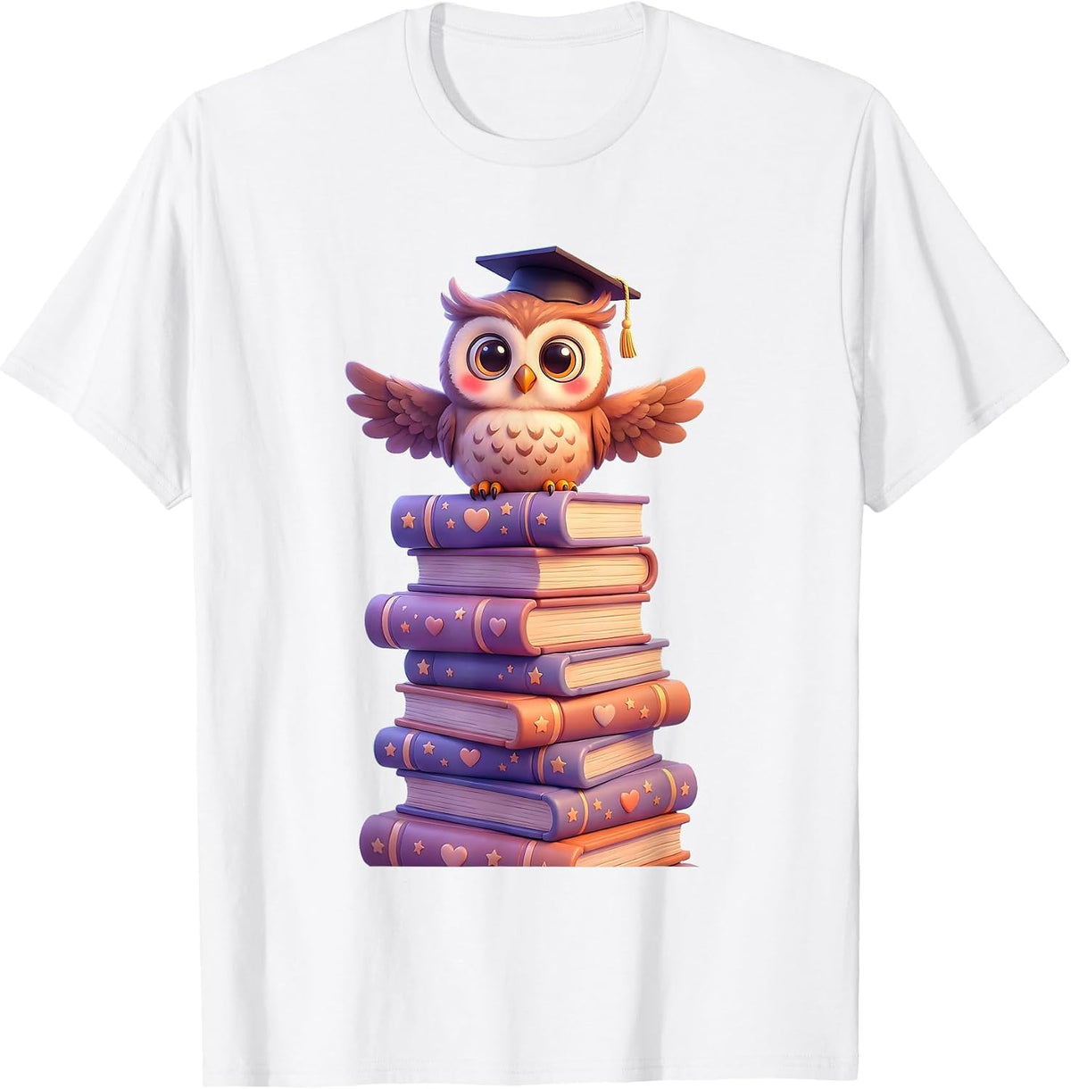 Wise Owl on Stacked Books Illustration T-Shirt - White