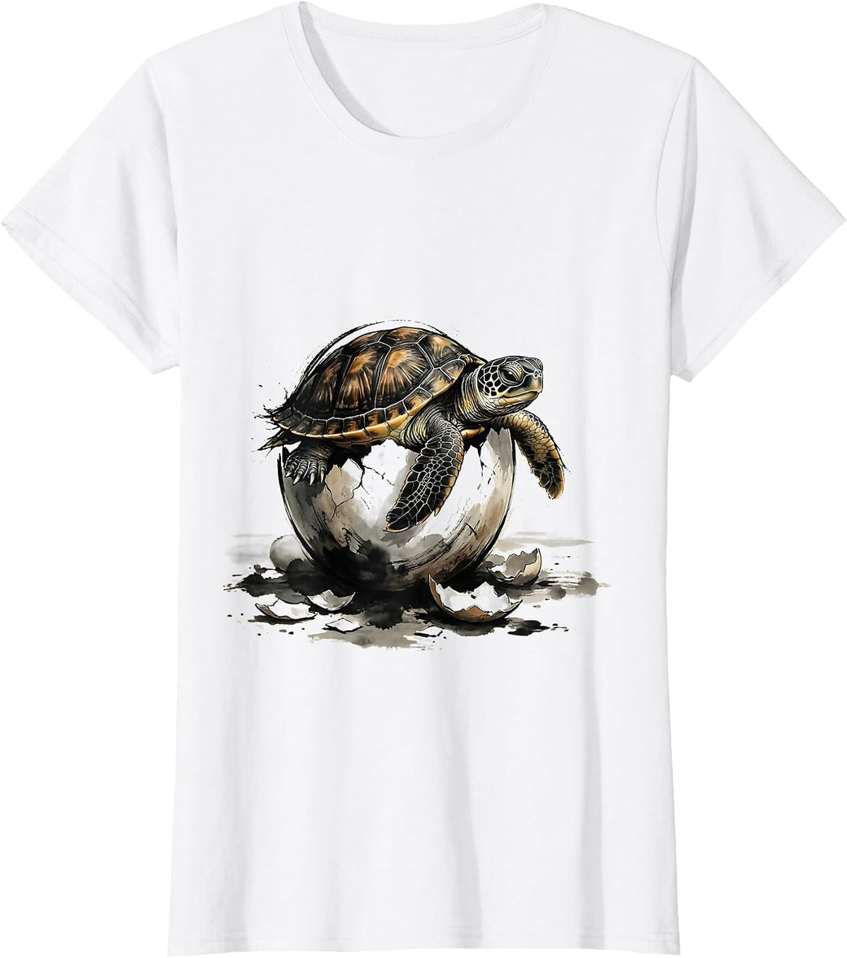 Women's Tiny Turtle Hatching From Sandy Egg Illustration T-Shirt - White