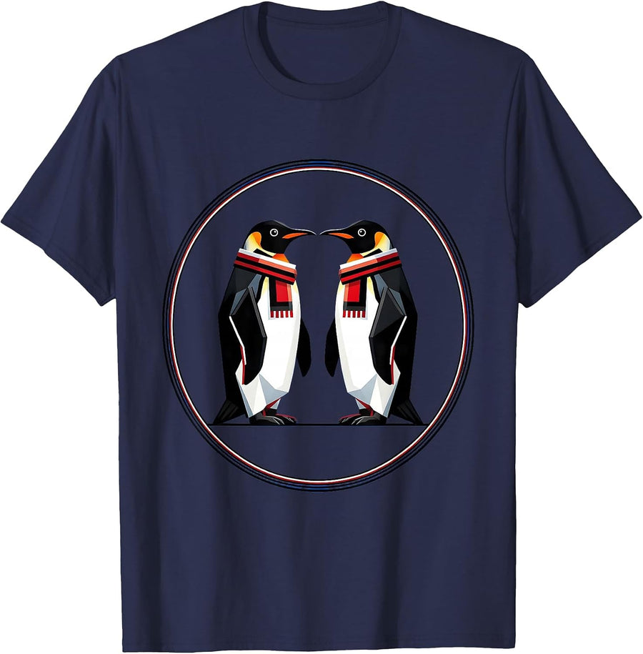 Twin Day Matching Penguins Scarf Illustration T-Shirt - Navy Blue