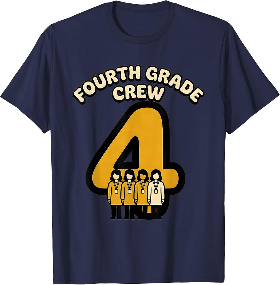 Fourth Grade Crew Retro 70s Teacher Back To School Team T-Shirt - Navy Blue