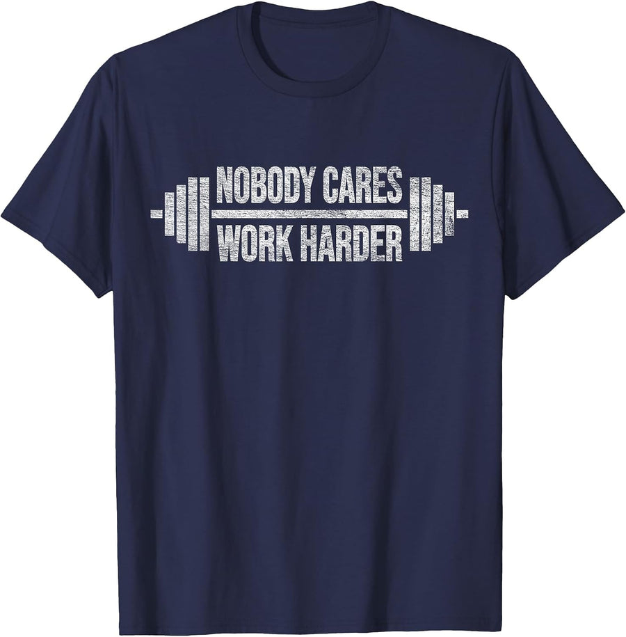 Nobody Cares Work Harder Barbell Weight Training T-Shirt - Navy Blue