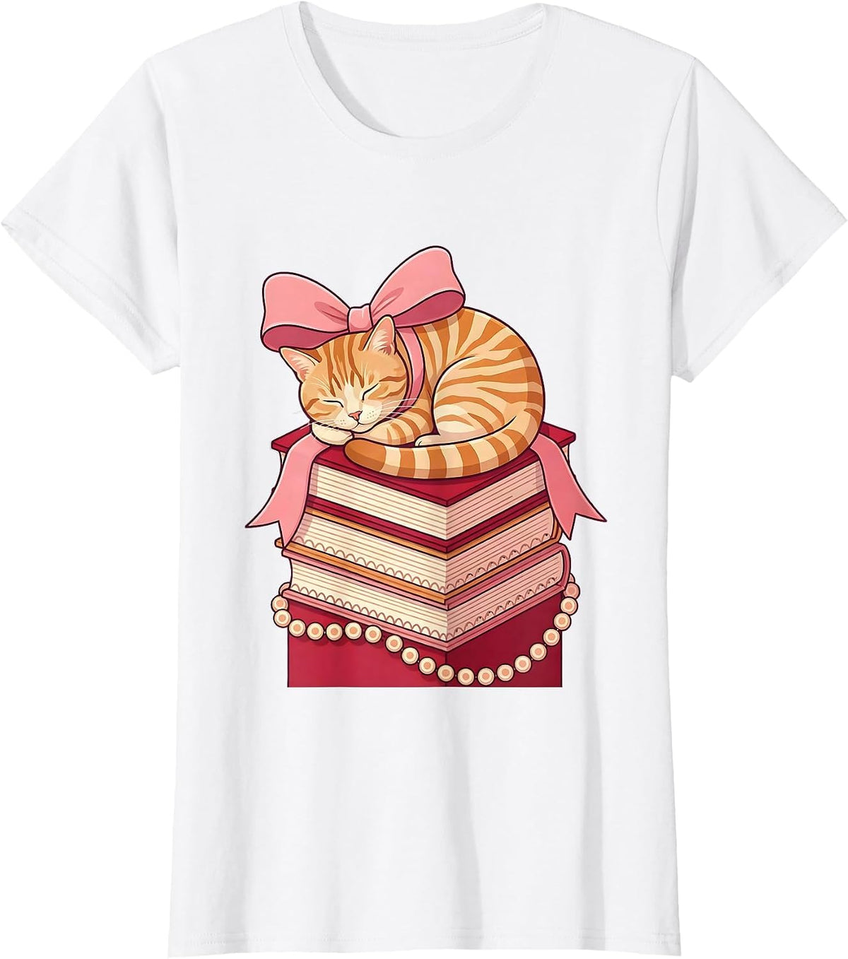 Tabby Cat Napping on Stacked Books Illustration T-Shirt - White