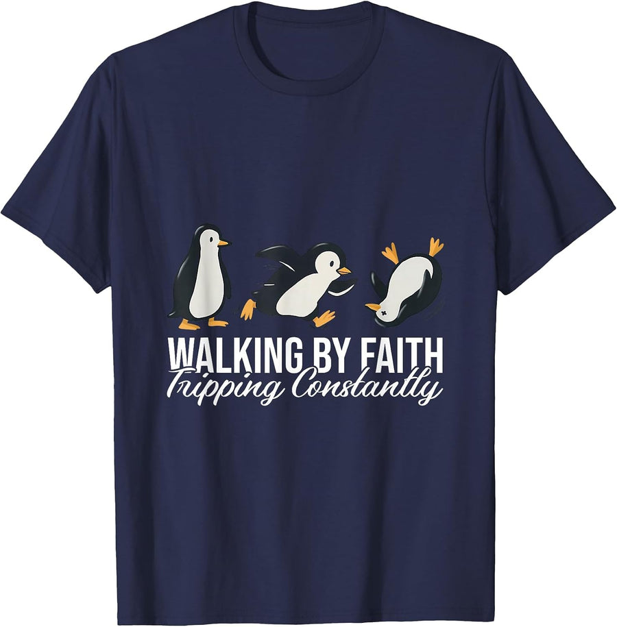 Funny Walking by Faith Penguin Christian Humor Design T-Shirt - Navy Blue