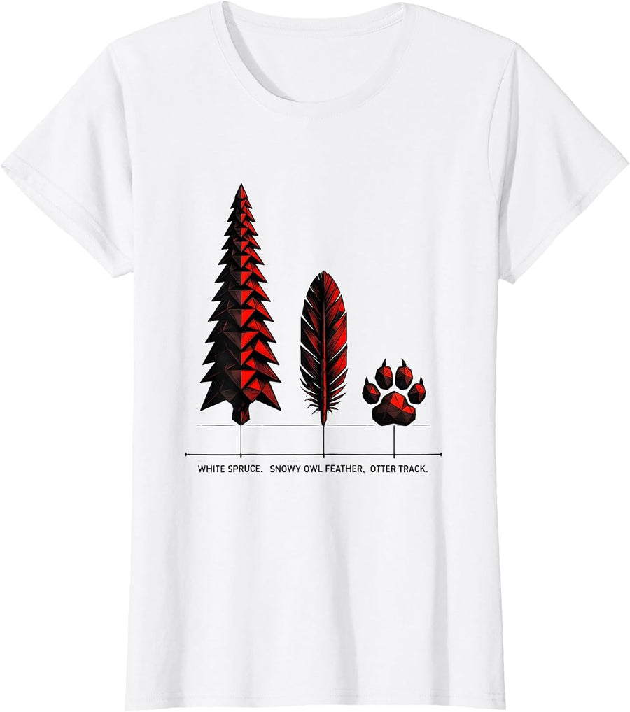 Women's White Spruce Snowy Owl Feather Otter Track Vintage Forest T-Shirt - White