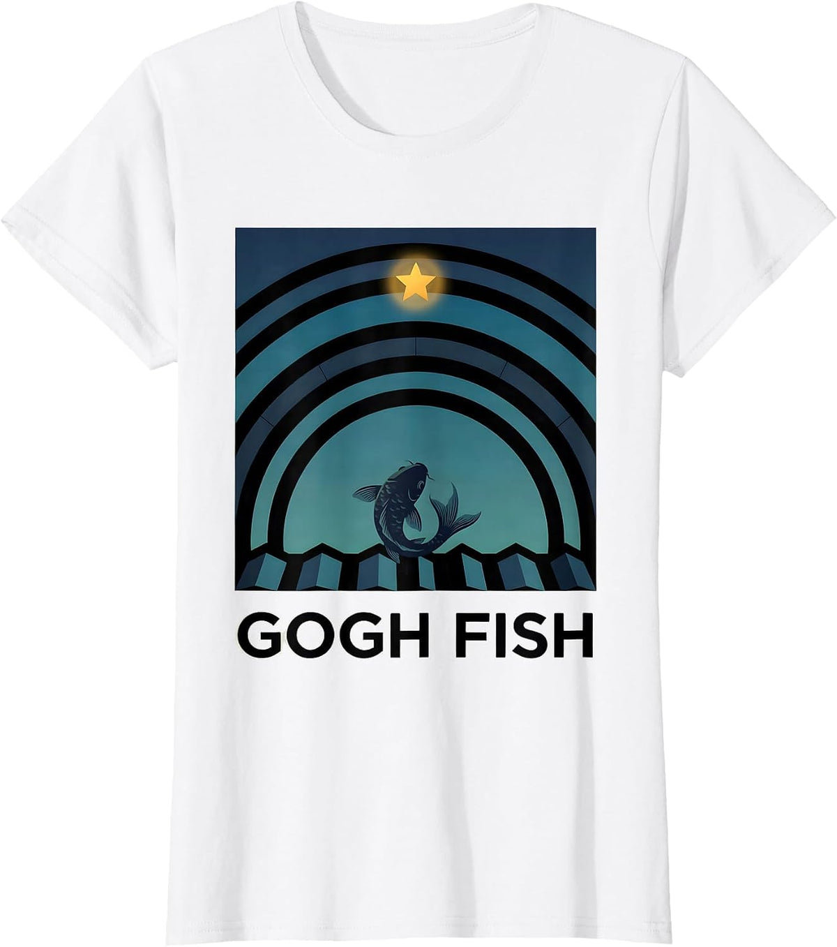 Gogh Fish Flat Vector Van Gogh Art Parody Cat Lover Humor T-Shirt - White