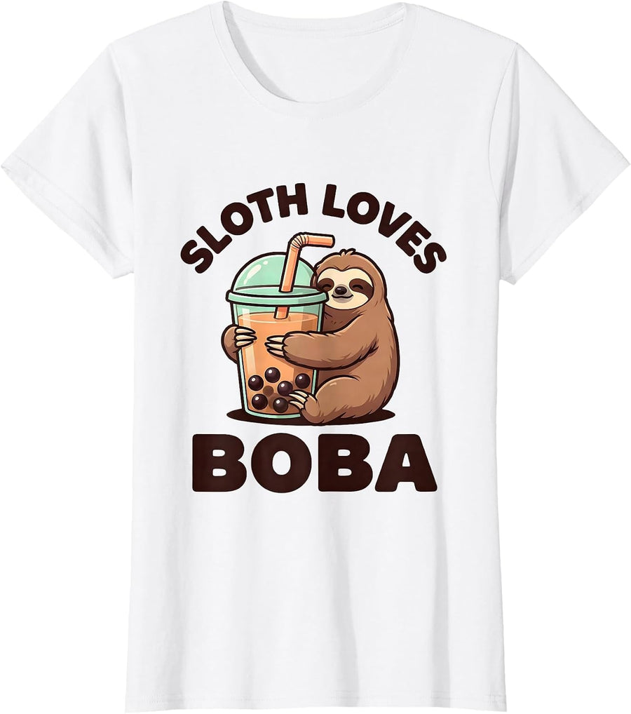 Women's Sloth Loves Boba Cute Kawaii Animal Boba Tea Lover Birthday T-Shirt - White