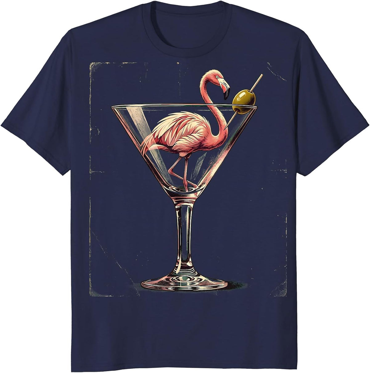 Flamingo in a Martini Glass Graphic Tee T-Shirt - Navy Blue