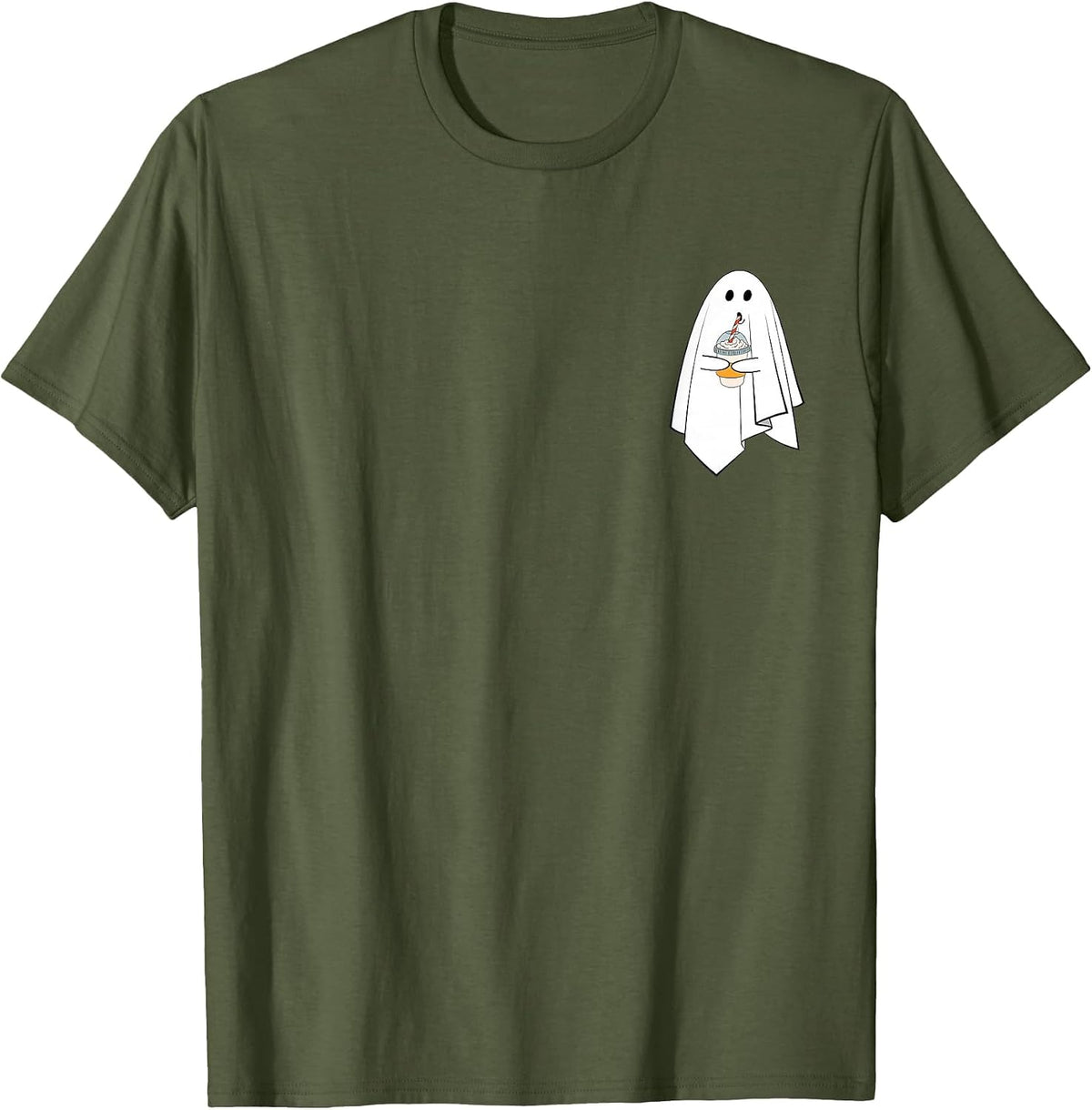 Ghost Drinking Coffee Funny Halloween Costume Coffee Lovers T-Shirt - Olive Green