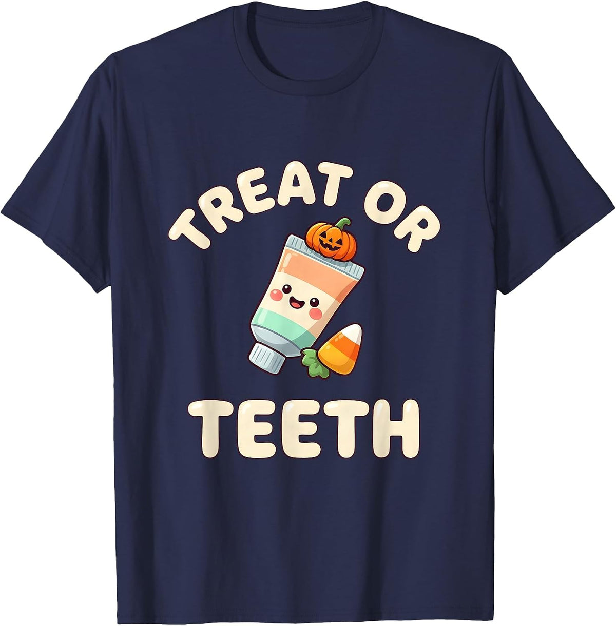 Treat Or Teeth Cute Kawaii Dental Hygienist Halloween Humor T-Shirt - Navy Blue